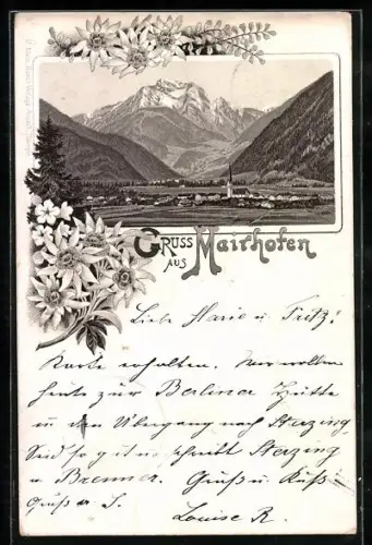 Vorläufer-Lithographie Mairhofen, 1895, Ortsansicht im Edelweiss-Passepartout