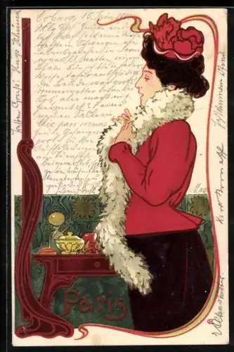 Künstler-AK sign. Hans Christiansen: Elegante Dame mit Pelz steht vor ihrem Spiegel, Jugendstil