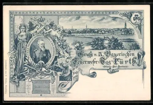 AK Ganzsache PP 15C 37/01: Fürth, IX. Bayerischer Feuerwehr-Tag 1900, Prinzregent Luitpold und Stadtpanorama