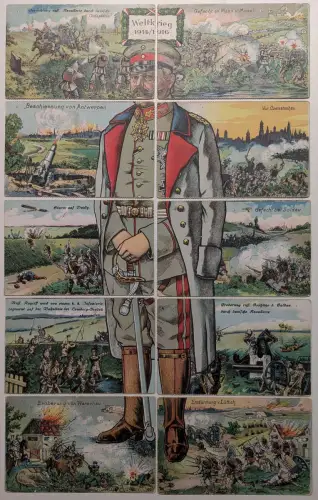 Puzzle-AK 10 Karten, Paul von Hindenburg mit Schlachtszenen aus Warschau, Czenstochau, Soldau, Antwerpen und Lüttich