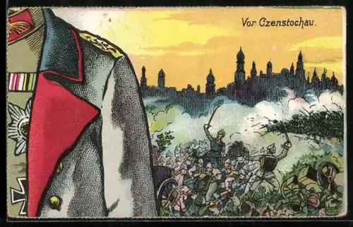 Puzzle-AK 10 Karten, Paul von Hindenburg mit Schlachtszenen aus Warschau, Czenstochau, Soldau, Antwerpen und Lüttich