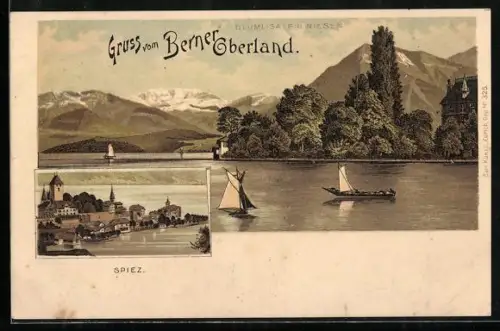 Lithographie Spiez, Blick zur Kirche, Uferpartie mit Seegelbooten