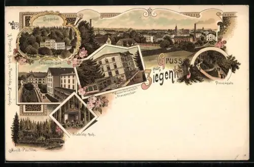 Lithographie Ziegenhals, Wasserheilanstalt Franzensbad, Musik-Pavillon, Juppebad