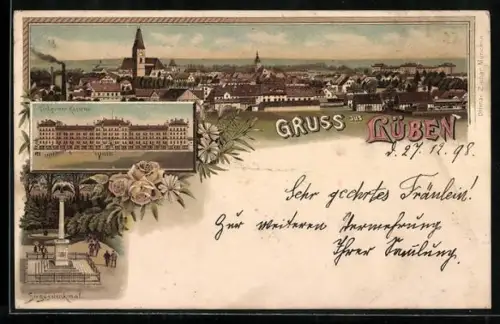 Lithographie Lüben, Totalansicht, Dragoner Kaserne und Siegesdenkmal
