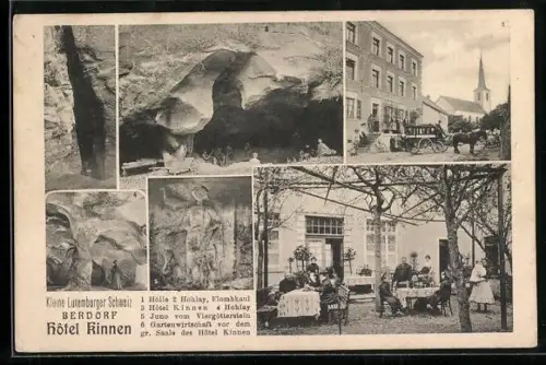 AK Berdorf, Hôtel Kinnen mit Garten, Höhlen und Juno vom Viergötterstein