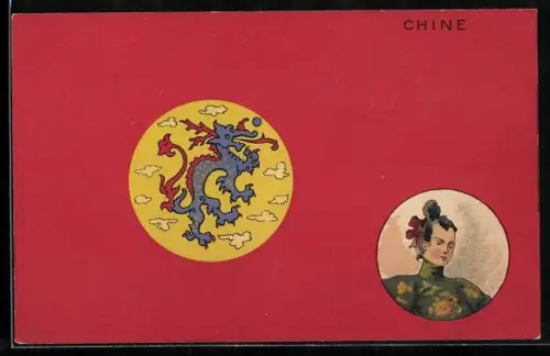 Lithographie Frau im traditionellen Kostüm, chinesische Flagge mit Drachen