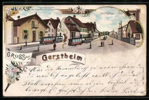 Lithographie Gerstheim, Gasthaus z. Löwen und Strassenbahnhaltestelle, Partie in der Rheinstrasse