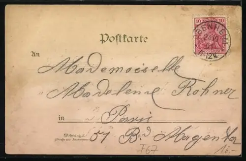 Lithographie Gerstheim, Gasthaus z. Löwen und Strassenbahnhaltestelle, Partie in der Rheinstrasse