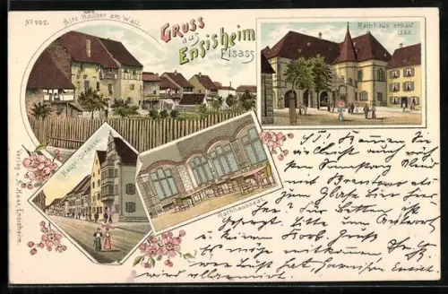 Lithographie Ensisheim /Elsass, Alte Häuser am Wall, Rathaus und Partie an der Hauptstrasse