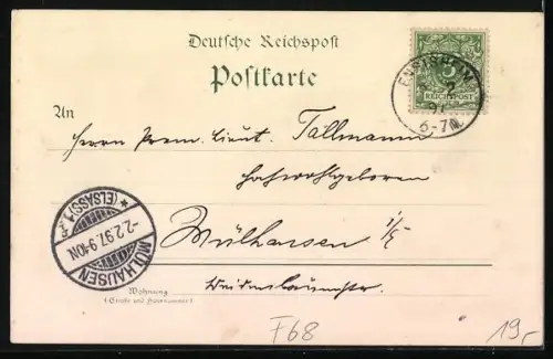 Lithographie Ensisheim /Elsass, Alte Häuser am Wall, Rathaus und Partie an der Hauptstrasse