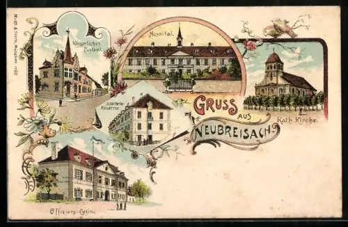 Lithographie Neubreisach, Offiziers-Casino, Hospital, Katholische Kirche, Kaserne und Kaiserliches Postamt