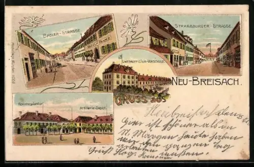 Lithographie Neu-Breisach, Partie in der Basler- und Strassburger-Strasse, Kommandantur, Unteroffiziers-Vorschule
