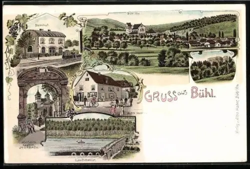 Lithographie Bühl, Bahnhof, Geschäftshaus, Lauchenweier, Wallfahrtskapelle Mürbach