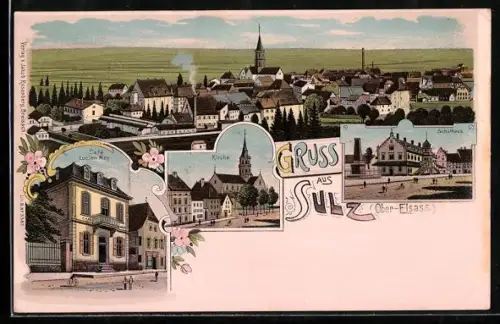 Lithographie Sulz /Ober-Elsass, Totalansicht, Café Lucien Mey, Kirche und Schulhaus