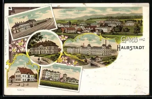 Lithographie Halbstadt, Schloss, Totalansicht, Schroll`sche Spinnerei, Bahnhof