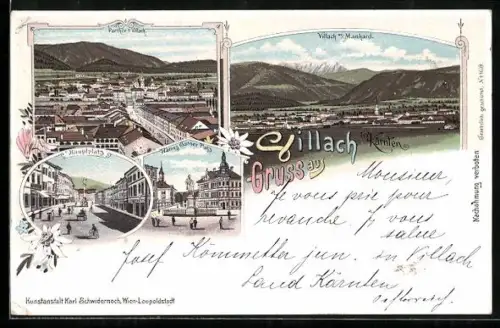 Lithographie Villach, Panorama m. Manhard, Hauptplatz, Hans Gasser Platz, Teilansicht