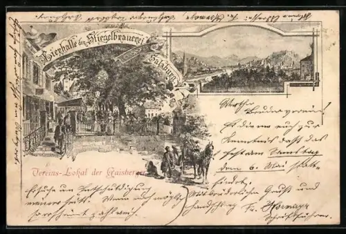 Künstler-AK Salzburg, Restaurant Bierhalle der Stiegelbrauerei und Totalansicht