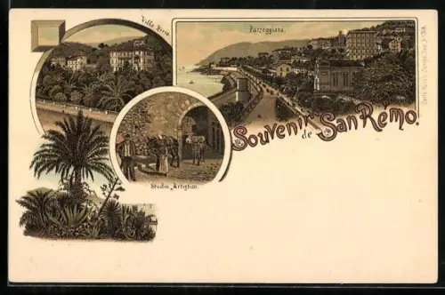 Lithographie San Remo, Villa Zirio, Passeggiata, Studio Artistico