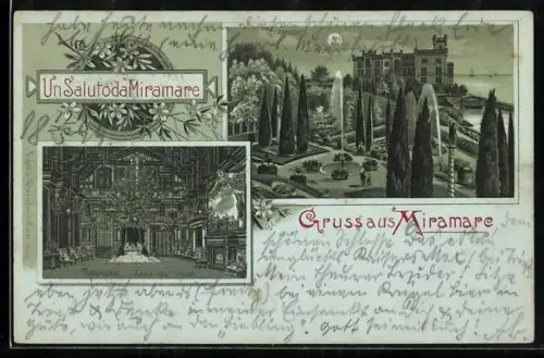 Mondschein-Lithographie Miramare, Teilansicht mit Parkanlagen und Thronsaal