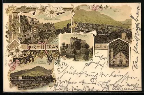 Lithographie Meran, Giftpromenade und Zenoburg, Neu-Wandelbahn, Kirche St. Valentin, Obermais