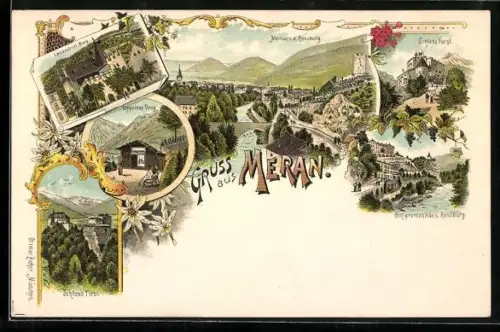 Lithographie Meran, Teilansicht des Ortes, Schloss Farst, Schloss Tirol und Landesfürstliche Burg