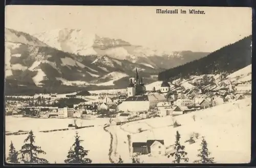 AK Mariazell, Teilansicht mit Kirche im Winter