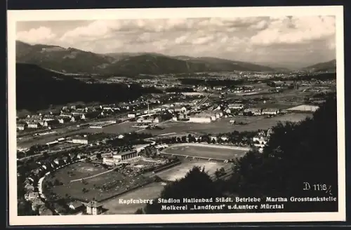 AK Kapfenberg, Stadion Hallenbad Städt. Betriebe Martha Grosstankstelle Molkerei Landforst u. d. untere Mürztal