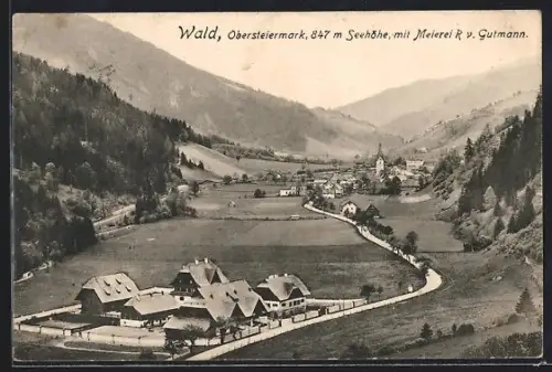 AK Wald am Schoberpass, Ortsansicht mit der Meierei R. v. Gutmann