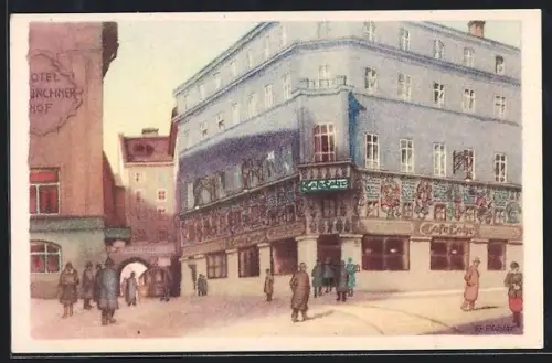 Künstler-AK Salzburg, Cafe Lohr neben dem Hotel Münchner Hof