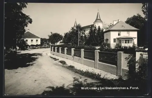 AK Wolfpassing bei Steinakirchen, Strassenpartie mit Schloss