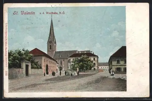 AK St. Valentin a. d. Westbahn, Ortspartie mit Kirche