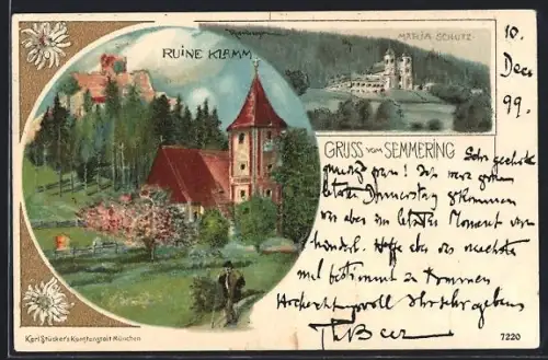 Lithographie Semmering, Ruine Klamm, Maria Schutz