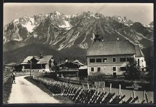 AK St. Rupert am Kulm, Strassenpartie mit Kirchturm u. Bergpanorama
