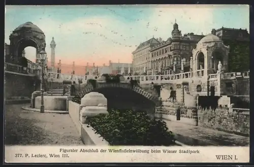 AK Wien, Wienflusseinwölbung beim Stadtpark, Figuraler Abschluss, Brücke