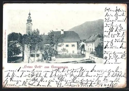 AK Grossgmain, Ortspartie mit Platz und Kirchturm