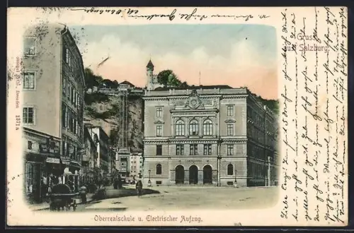 AK Salzburg, Oberrealschule u. Electrischer Aufzug, Turm