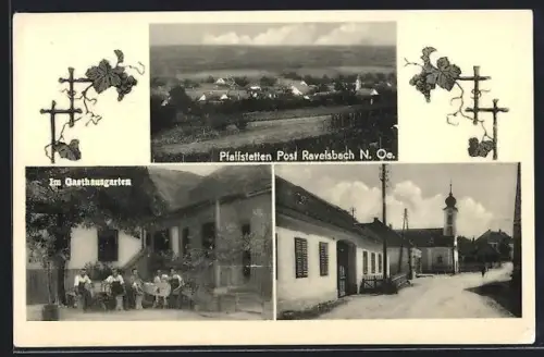AK Ravelsbach, Pfaffstetten, Gasthausgarten, Strassenpartie an der Kirche, Gesamtansicht