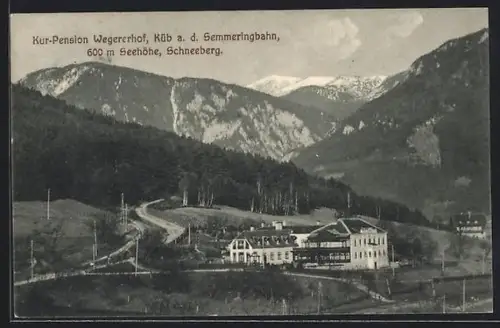 AK Küb a. d. Semmeringbahn, Kur-Pension Wegererhof mit Landstrasse u. Bergen aus der Vogelschau
