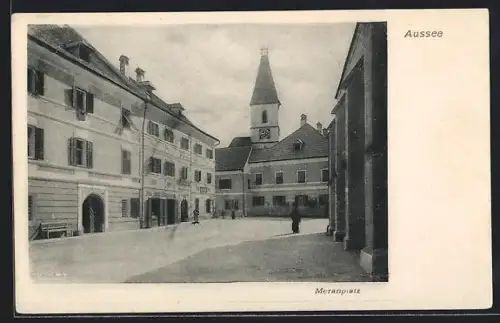 AK Aussee, Meranplatz mit Geschäftshaus und Uhrenturm