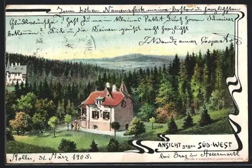 Künstler-AK Lassnitzhöhe bei Graz, Villa Irene, Ansicht gegen Südwest aus der Vogelschau, Ornament-Rahmen