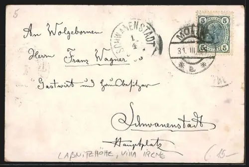 Künstler-AK Lassnitzhöhe bei Graz, Villa Irene, Ansicht gegen Südwest aus der Vogelschau, Ornament-Rahmen