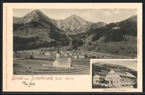 AK Schattwald, Gasthaus zur Traube, Panorama mit Kirche