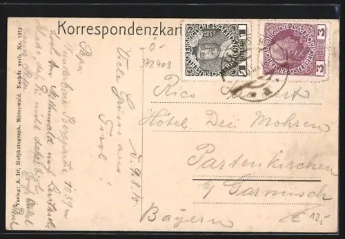 AK Leutasch in Tirol, Unterleutasch, Gasthaus zur Brücke mit Arnspitze und Brücke