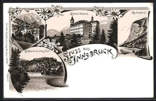 Lithographie Innsbruck, Martinswand, Schloss Ambras, Sillfall beim Berg Isel