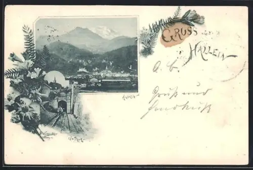 AK Hallein, Bahntunnel mit Turmgebäude, Totalansicht mit Bergen, Edelweiss