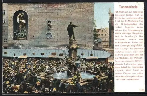AK Augsburg, Turamichele-Brunnen, Menschenmenge zum St. Michaelstag