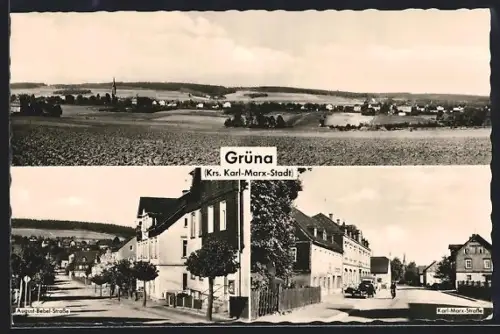AK Grüna / Chemnitz, Panorama, August-Bebel-Strasse, Karl-Marx-Strasse