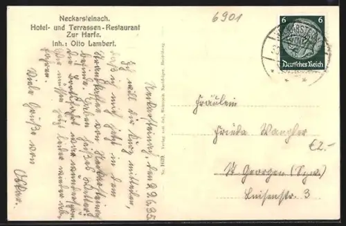 AK Neckarsteinach, Hotel- und Terrassen-Restaurant Zur Harfe, Inh. Otto Lambert, Stadtansicht