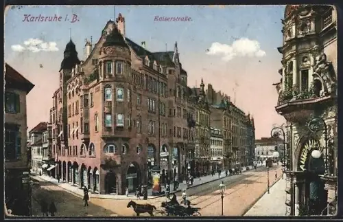 AK Karlsruhe i. B., Kaiserstrasse, Strassenansicht, Kaufhaus, Pferdekutsche
