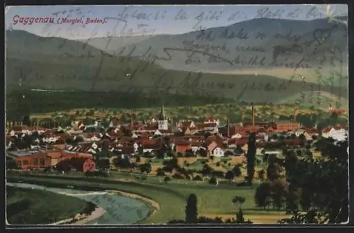 AK Gaggenau /Murgtal, Gesamtansicht der Stadt mit Fluss und Industriegebäuden